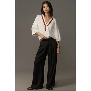 Anthropologie x Maeve Elbow-Sleeve Collared V-Neck Sweater - White Size M